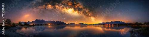 panorama landscape with milky way in a night starry sky against background of lake and mountains