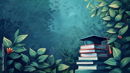 Academic Journey Reflected in Graduation Cap and Books Surrounded by Foliage
