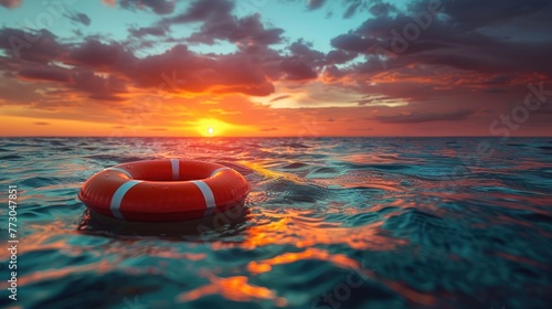 Lifebuoy Floating in the Open Ocean at Sunset. Rescue and Security Concept