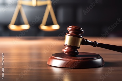 A focused image of a wooden gavel with gold accents in the foreground and blurred scales of justice behind.