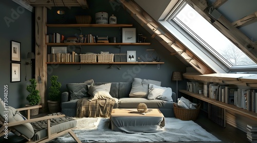 Alongside rustic shelves and a grey wall are a sofa and lounge chair. Scandinavian interior design for a contemporary attic living space.
