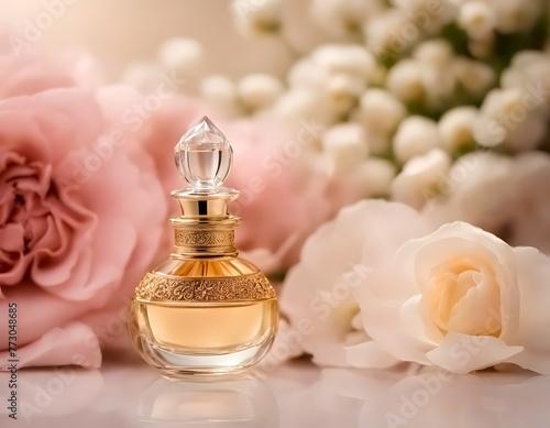 Elegance in Essence: Vintage Perfume Bottle Amongst Blooms