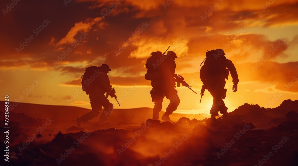 Soldiers military group US Army at sunset Soldiers military group US Army at sunset