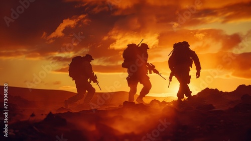 Soldiers military group US Army at sunset