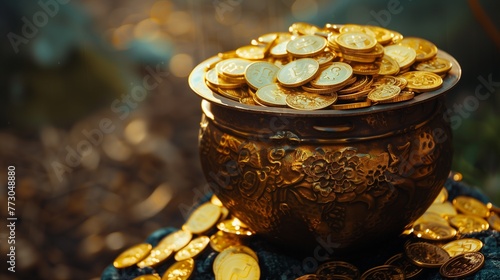 Gleaming gold coins overflow from a rustic pot, a symbol of prosperity and fortune. 