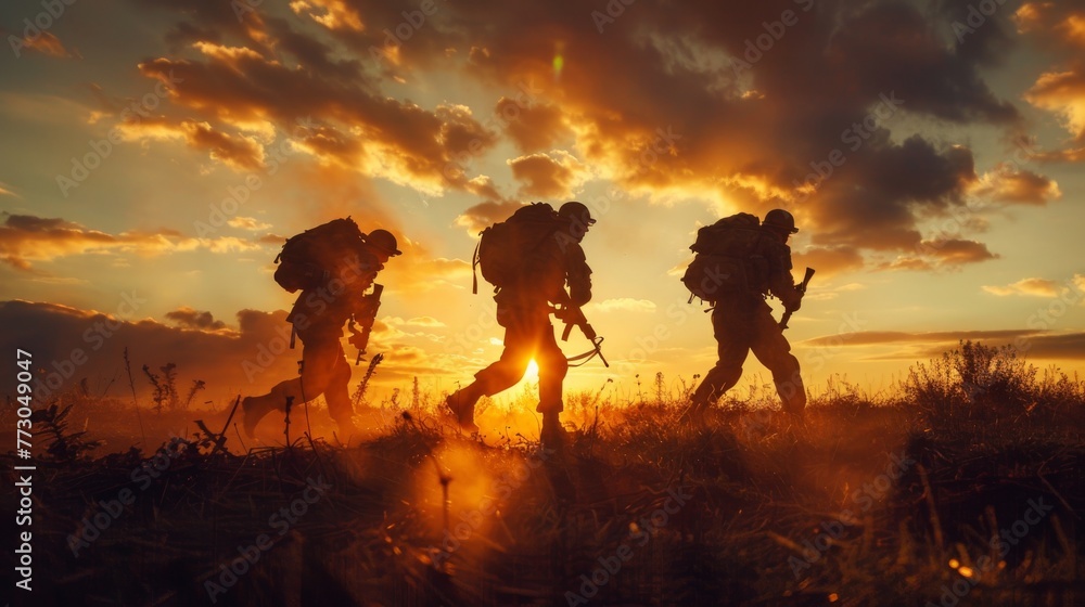 Soldiers military group US Army at sunset - obrazy, fototapety, plakaty 