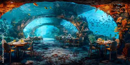 An underwater restaurant with chairs and tables surrounded Underwater Restaurant  Dining Experience Beneath the Waves