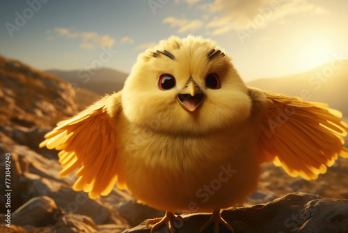 A fluffy yellow chick wearing a superhero cape, taking flight against a sunny yellow backdrop.