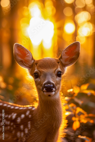 Young deer stands in forest with the sun shining behind him creating beautiful backdrop. © valentyn640