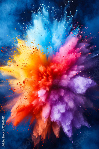 Colorful smoke or powder display in purple blue yellow and green colors.