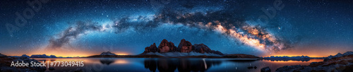 panorama with milky way in night starry sky against blue background of lake and mountains