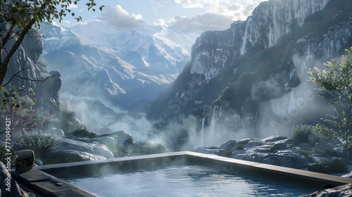 A picturesque ski resort nestled in snow-capped mountains, featuring a bubbling hot tub for relaxation.  photo