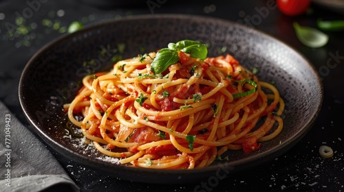 Spaghetti on dark plate. Generative AI