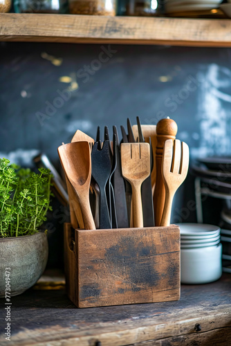 Container holding several different types of eating utensils including forks knives and spoons in various sizes and shapes.