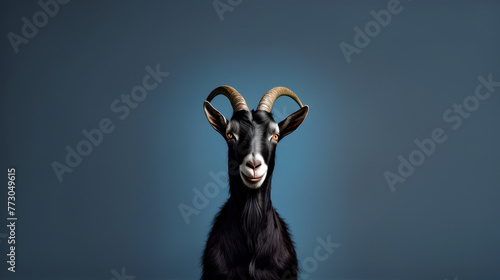 Goat or ram with large horns in front of blue background.