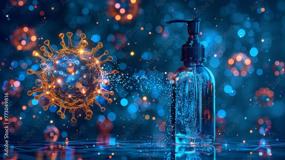 Covid-19 virus breaking down in hand sanitizer. Abstract geometric background. Isolated modern illustration. - obrazy, fototapety, plakaty 