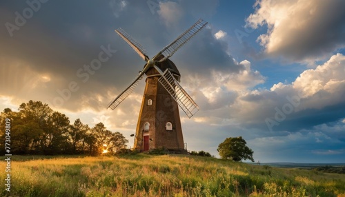 An old windmill sits atop a hill, its sails poised against a dramatic sunset sky, embodying a rustic beauty and renewable energy heritage.