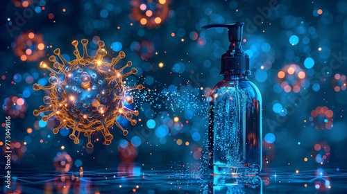 Covid-19 virus breaking down in hand sanitizer. Abstract geometric background. Isolated modern illustration.