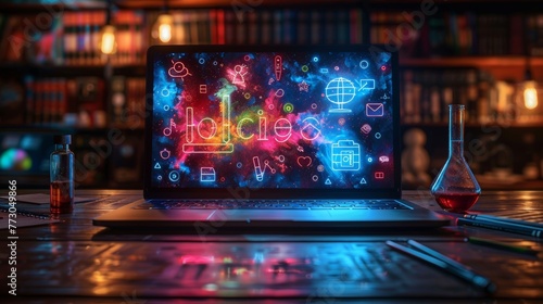 The open laptop is depicted with symbols of school subjects - alphabet, chemistry tube, drawing brush, compasses. Online learning and distance learning concept. Modern 3D wireframe graphic in low