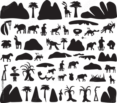 Stone Carved Stories Vector Logo of Primitive Cave Paintings Paleolithic Impressions Cave Painting Emblem Graphic Design