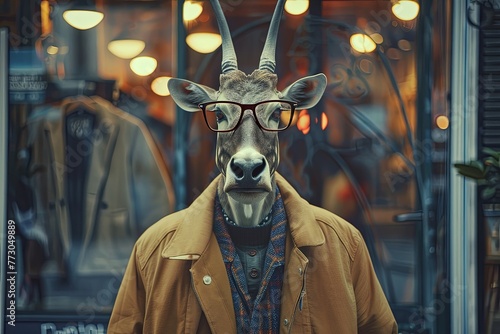A man in a deer head cloak, metal glasses, and jacket at an art event