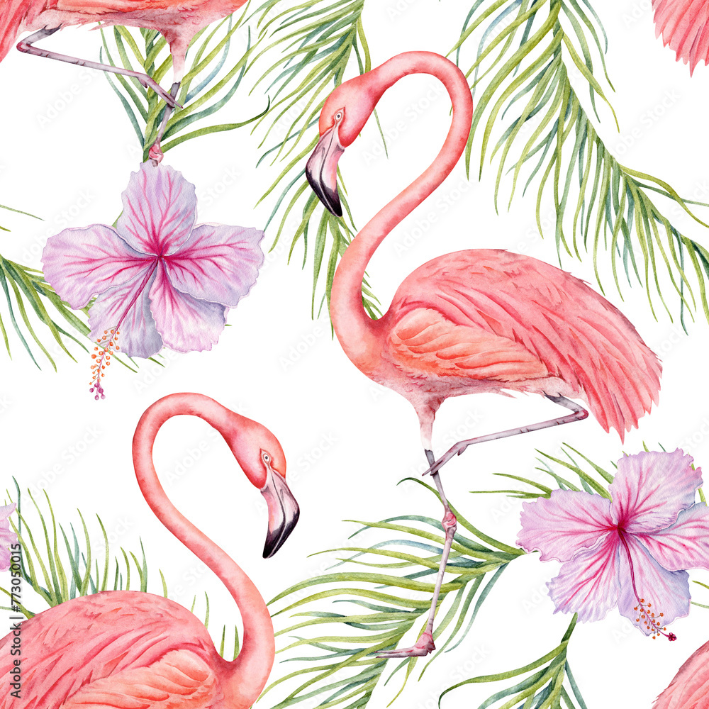 Naklejka premium Flamingo bird with green palm leaves and hibiscus flowers seamless pattern. Hand drawn watercolor on transparent background. Tropical botanical illustration for surface designs, cards, wallpapers