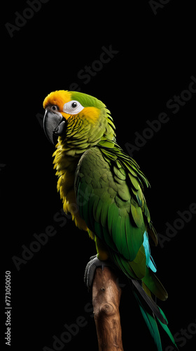 Green and yellow parrot sitting on perch.