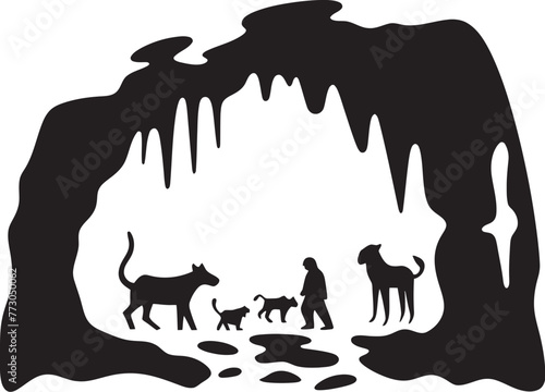 Stone Carved Stories Vector Logo of Primitive Cave Paintings Paleolithic Impressions Cave Painting Emblem Graphic Design