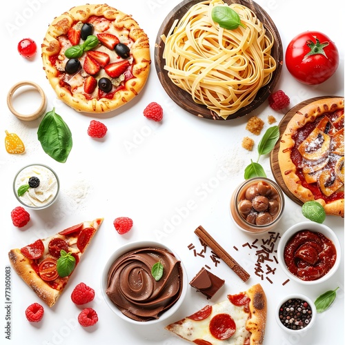 A variety of food and dishes are displayed, italy pizza pasta tiramisu on white background  photo