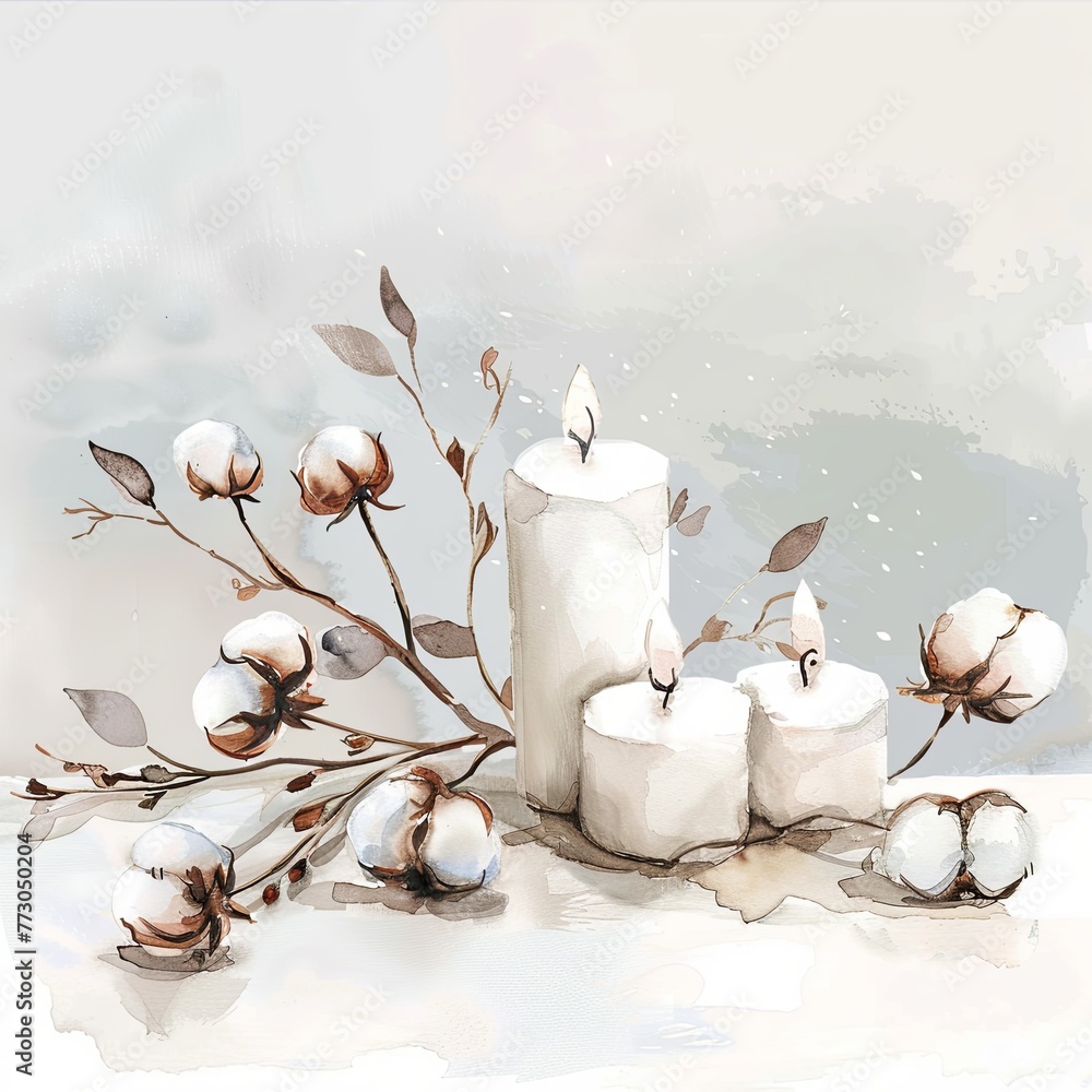 A watercolor painting of cotton flowers and candles on a table