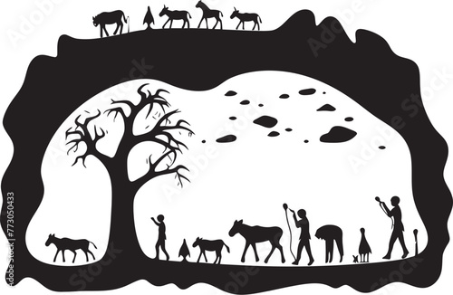 Stone Carved Stories Vector Logo of Primitive Cave Paintings Paleolithic Impressions Cave Painting Emblem Graphic Design
