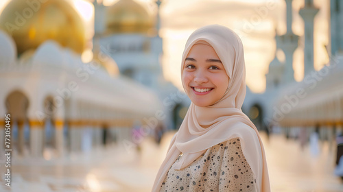 a happy young lady wearing stylish hijab with a mosque background