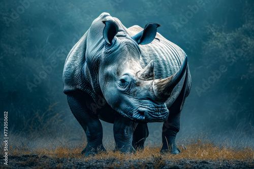 Rhino with blue and grey skin stands in field of tall grass. © valentyn640