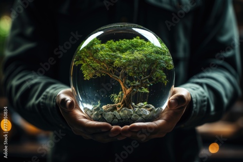Hand holding plant tree in glass or globe bokeh background