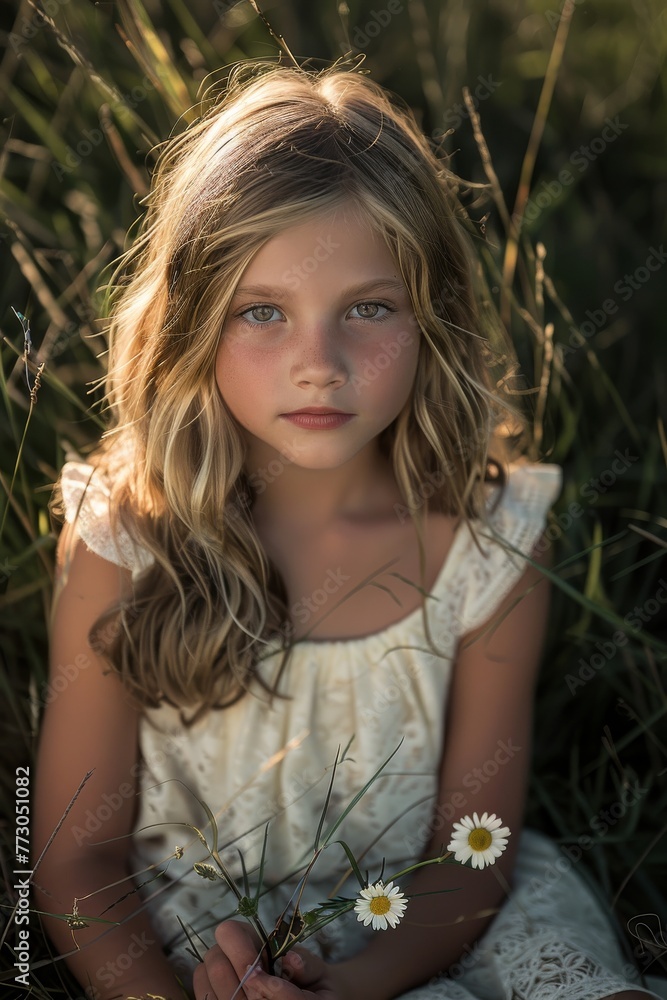 A high-definition photograph of a 10-year-old blonde girl with an oval face, no freckles, and straight eyebrows, sitting in a white dress on sparse dark A high-definition photograph of a 10-year-old blonde girl with an oval face, no freckles, and straight eyebrows, sitting in a white dress on sparse dark