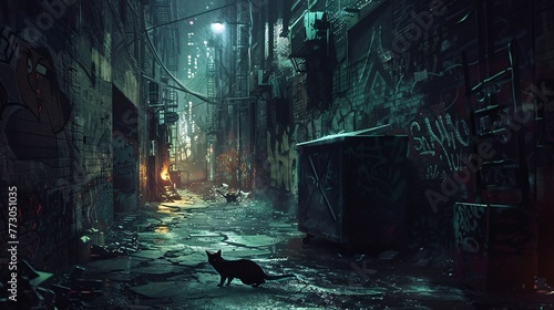 Graffiti-Covered Alleyway A Cat's Nighttime Stroll Generative AI photo