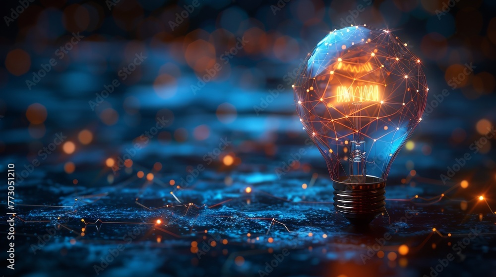Low poly style design with a glowing blue light bulb. Abstract geometric background with wireframe light connection structure. Isolated modern illustration with a modern 3d graphic concept. - obrazy, fototapety, plakaty 