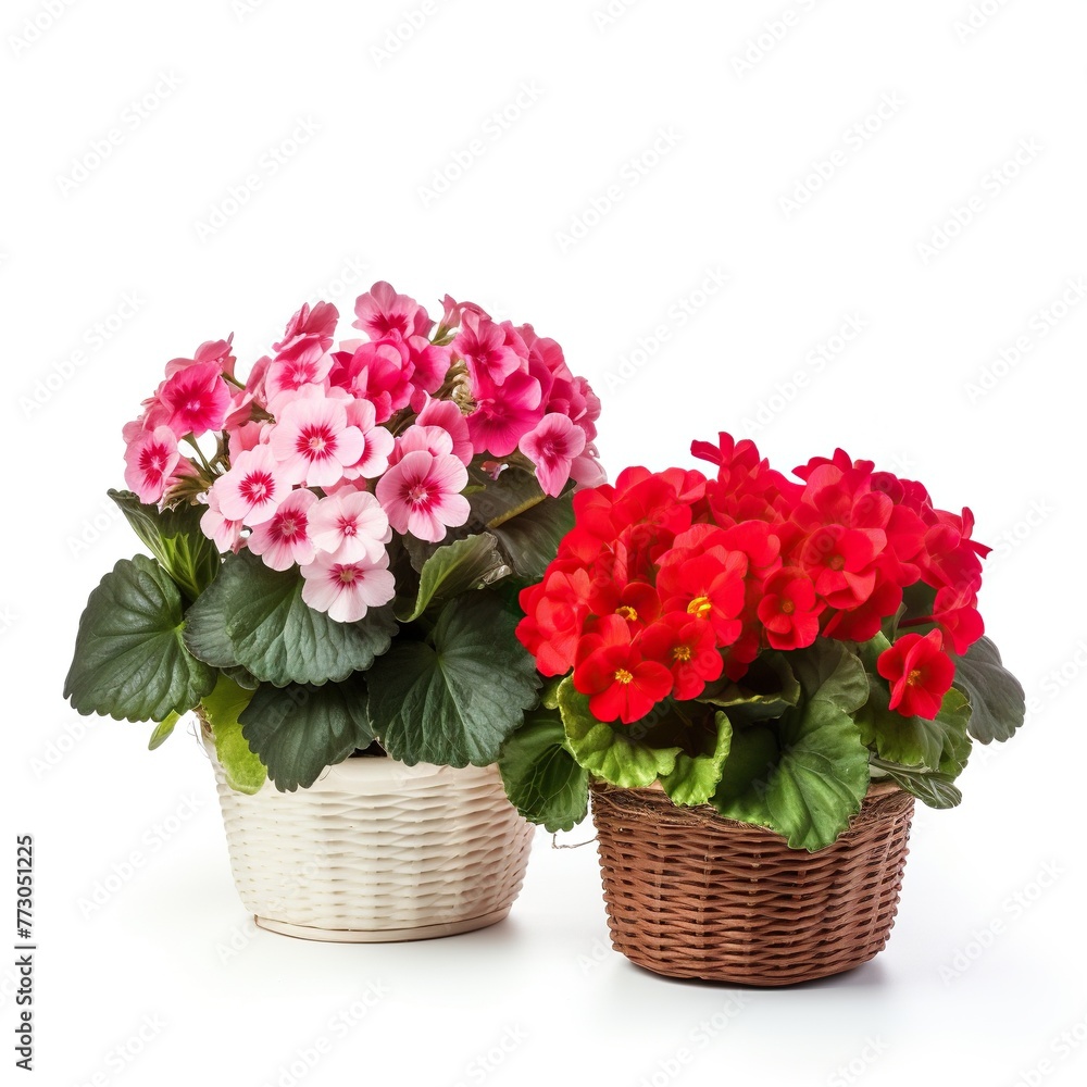 Beautiful flower plants in baskets isolated on white 