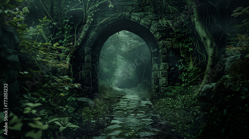 Gothic Stone Archway in Misty Forest.