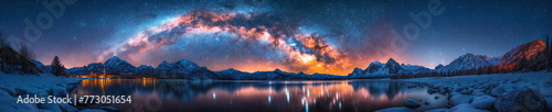landscape winter panorama with milky way in night starry sky against bright background of lake and snowy mountains