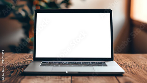 Laptop with blank transparent screen on the table near the window in a cozy school classroom. Mockup image photo