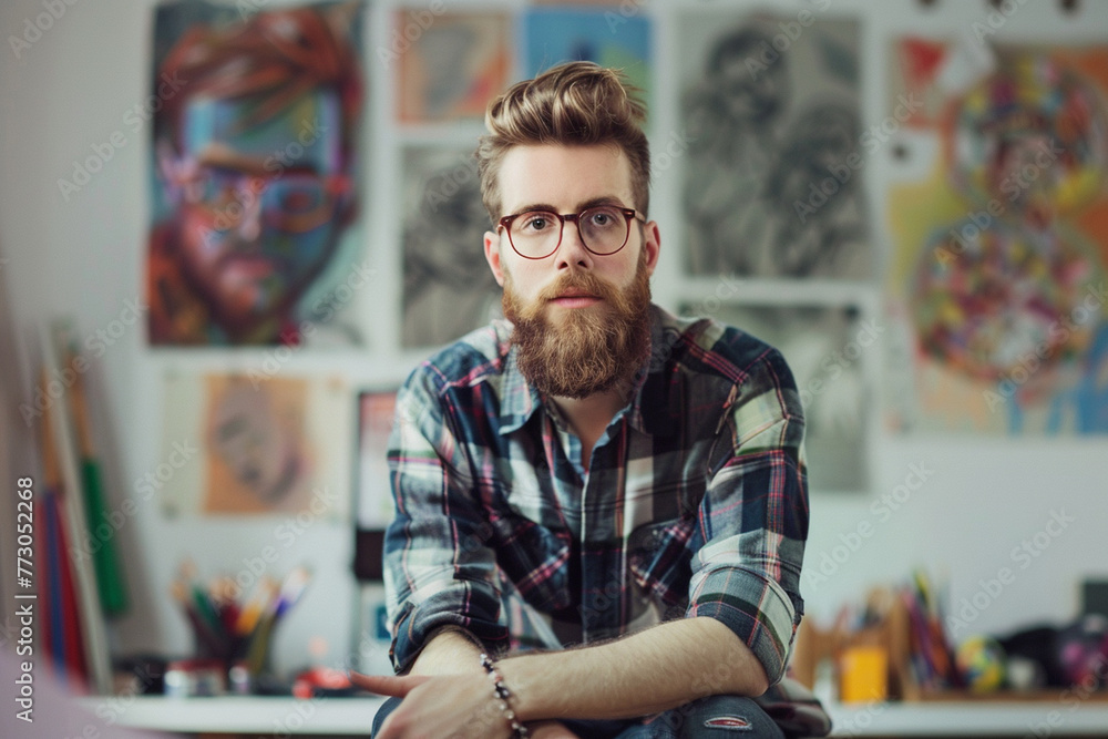 charisma of a young bearded businessman posing on a desk in a creative studio, with a softly blurred background of art supplies and inspirational posters, suggesting creativity and charisma of a young bearded businessman posing on a desk in a creative studio, with a softly blurred background of art supplies and inspirational posters, suggesting creativity and
