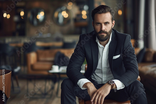 elegant photo of the sophistication of a young bearded businessman seated on a desk in a modern office, with a softly blurred background of sleek office furniture and decor, projec