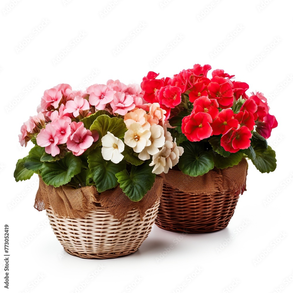 Beautiful flower plants in baskets isolated on white 