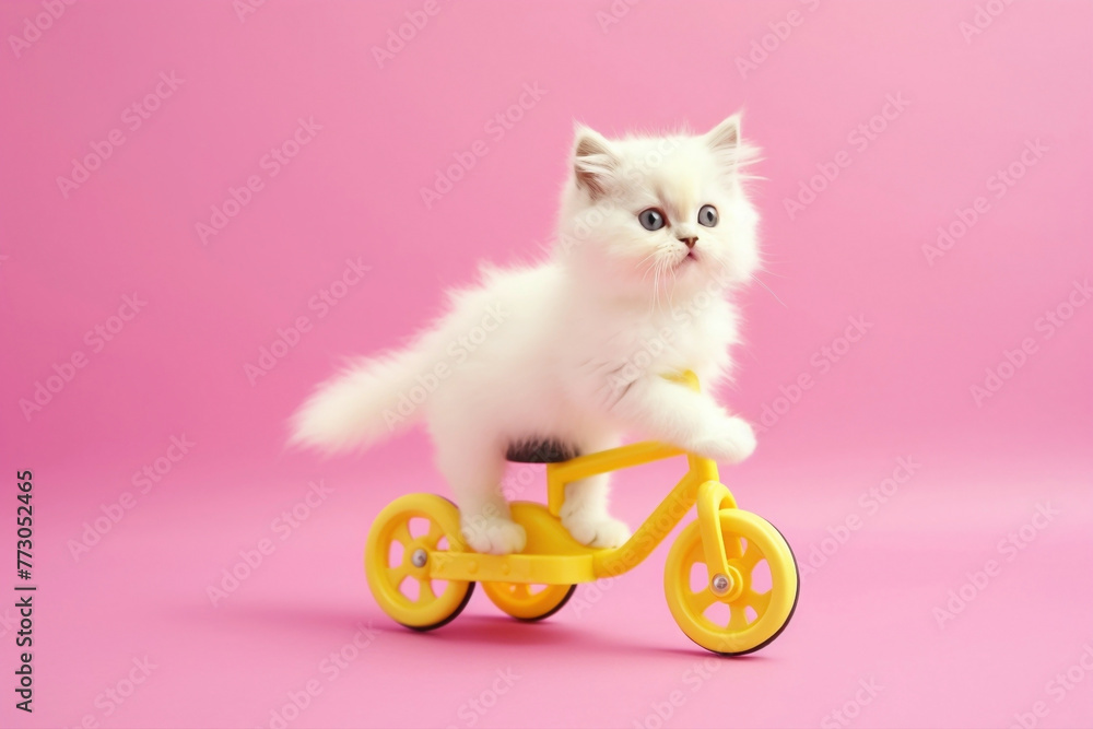 A fluffy white kitten riding a tiny pink bicycle with training wheels against a vibrant yellow background, joyfully pedaling away.