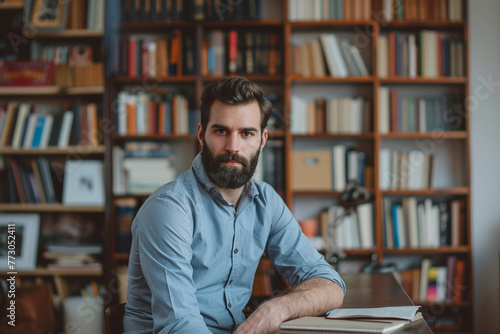 professional photo of determination of a young bearded businessman posing on a desk in a home office, with a softly blurred background of shelves filled with books and motivational