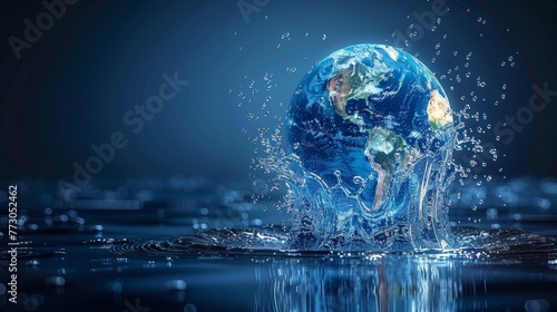 A globe of the earth floating in water on World Water Day. Low poly style design. Geometric background. Wireframe light connection structure. Symbol of modern 3D graphic concept. Modern illustration. © DZMITRY