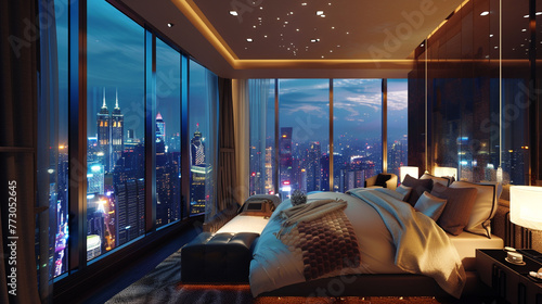 An extravagant bedroom enclave with floor-to-ceiling windows framing an awe-inspiring panorama of the cityscape illuminated by night. 