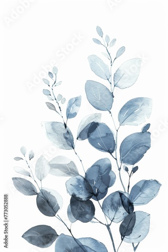 light pastel blue - grey colors branch with leaves, botanical illustration watercolor super simple minimalist light airy illustration, only leaves, white 