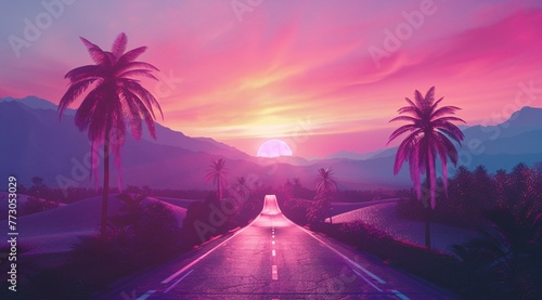 Pink Sunset on the Palm Tree Highway A Pink-tastic Generative AI